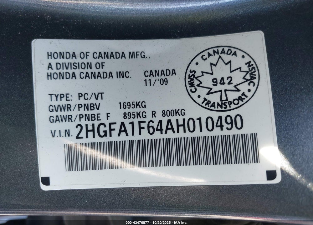 2010 HONDA CIVIC LX-S VIN: 2HGFA1F64AH010490