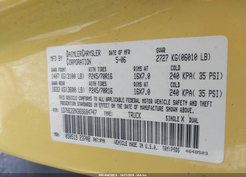 2006 DODGE DAKOTA VIN: 1D7HE22N36S684747