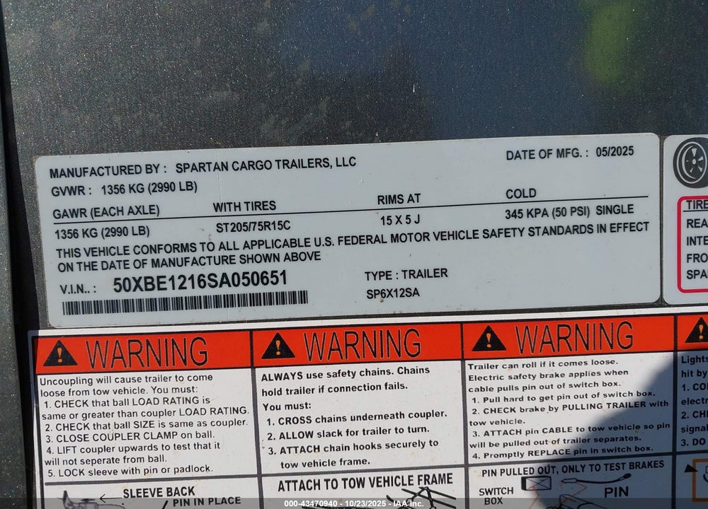 2025 SPARTAN ENCLOSED TRAILER VIN: 50XBE1216SA050651