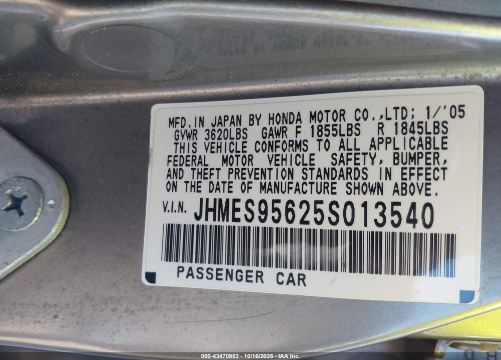 2005 HONDA CIVIC HYBRID VIN: JHMES95625S013540