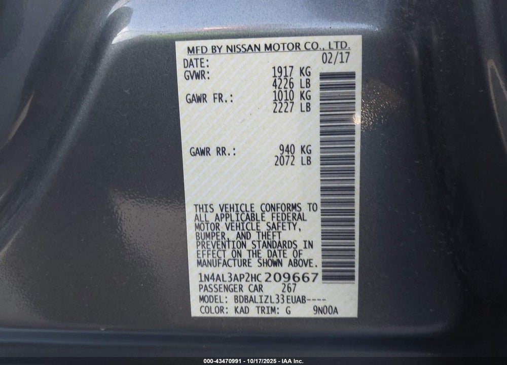 2017 NISSAN ALTIMA VIN: 1N4AL3AP2HC209667