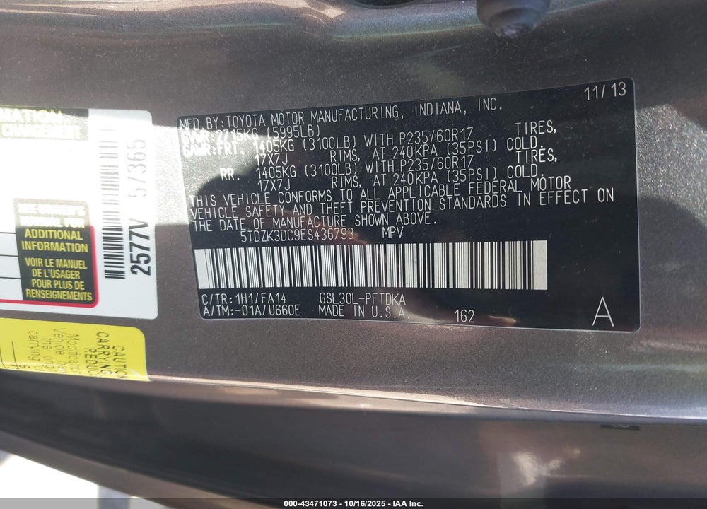 2014 TOYOTA SIENNA L V6 7 PASSENGER VIN: 5TDZK3DC9ES436793
