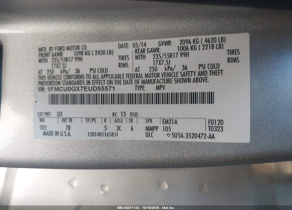2014 FORD ESCAPE VIN: 1FMCU0GX7EUD55571