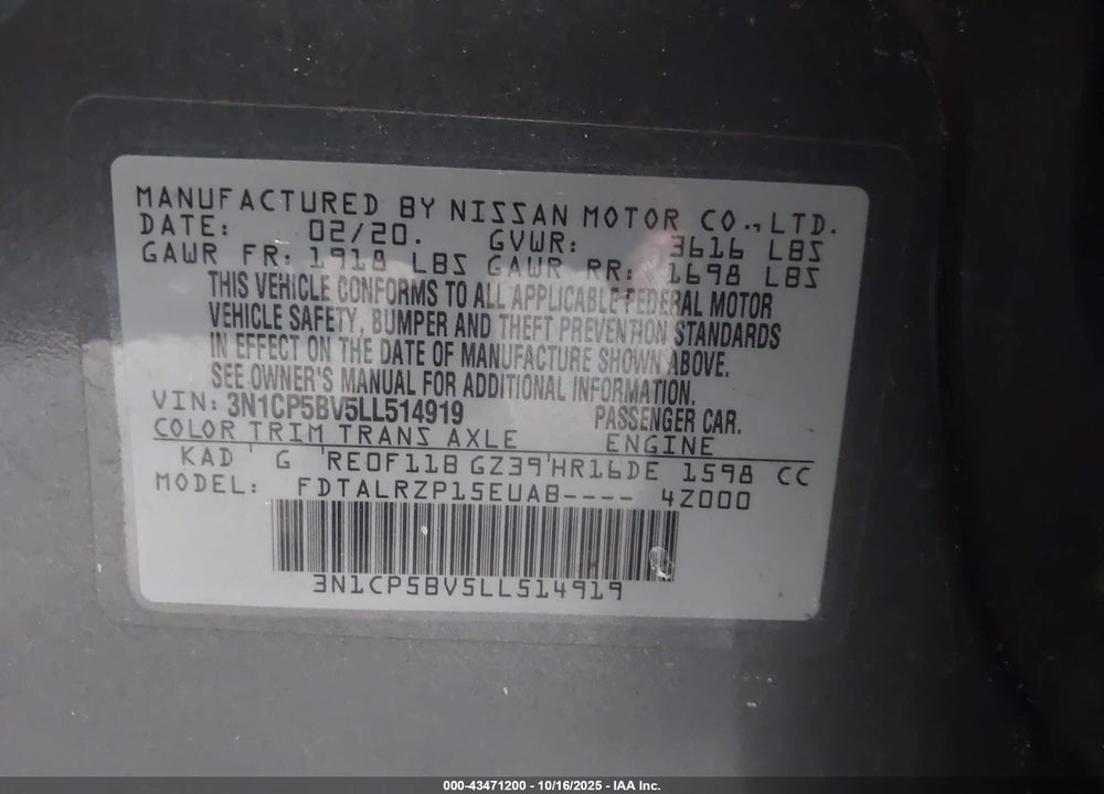 2020 NISSAN KICKS VIN: 3N1CP5BV5LL514919