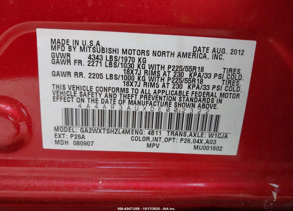 2013 MITSUBISHI OUTLANDER SPORT ES VIN: 4A4AR3AUXDE002322