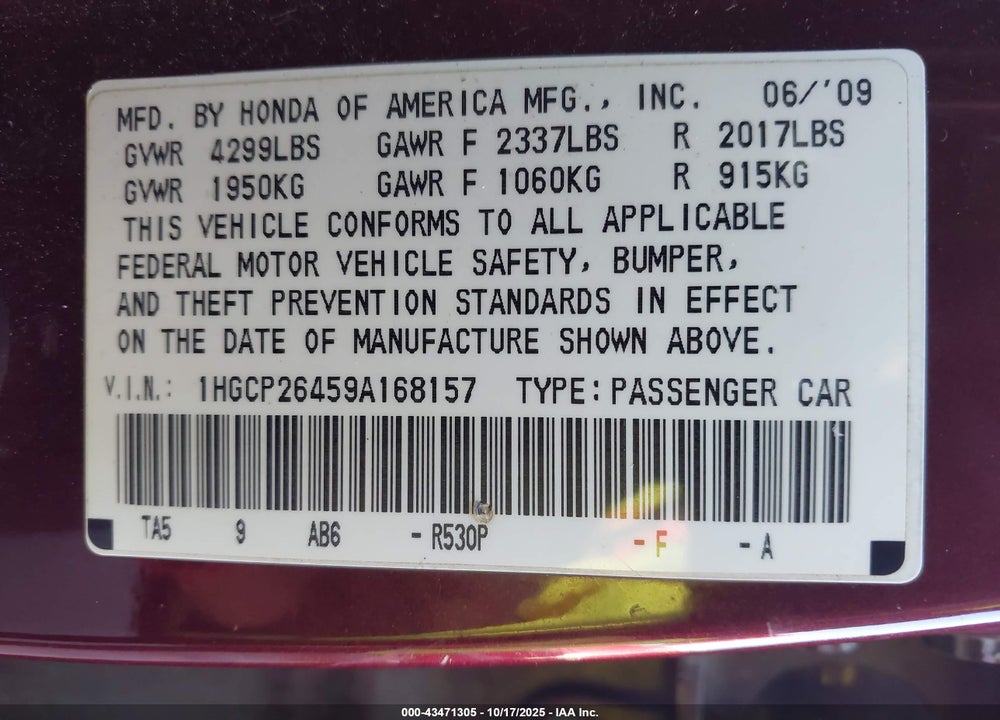 2009 HONDA ACCORD VIN: 1HGCP26459A168157