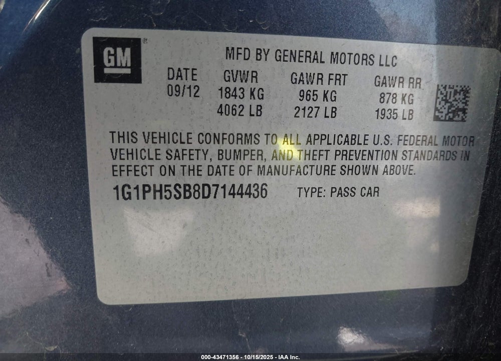 2013 CHEVROLET CRUZE ECO AUTO VIN: 1G1PH5SB8D7144436