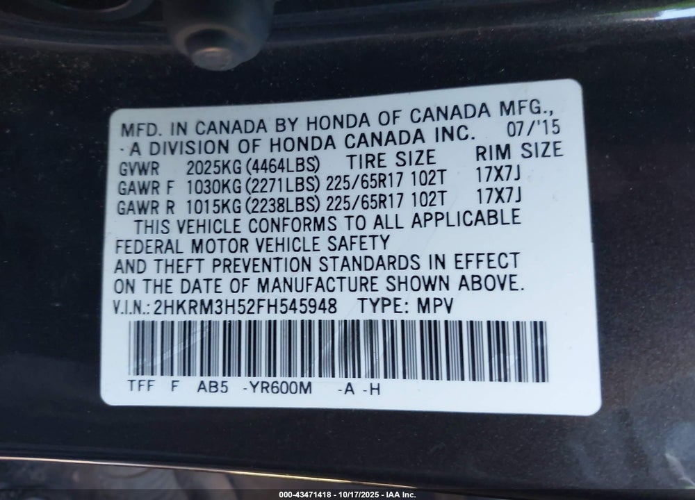 2015 HONDA CR-V VIN: 2HKRM3H52FH545948