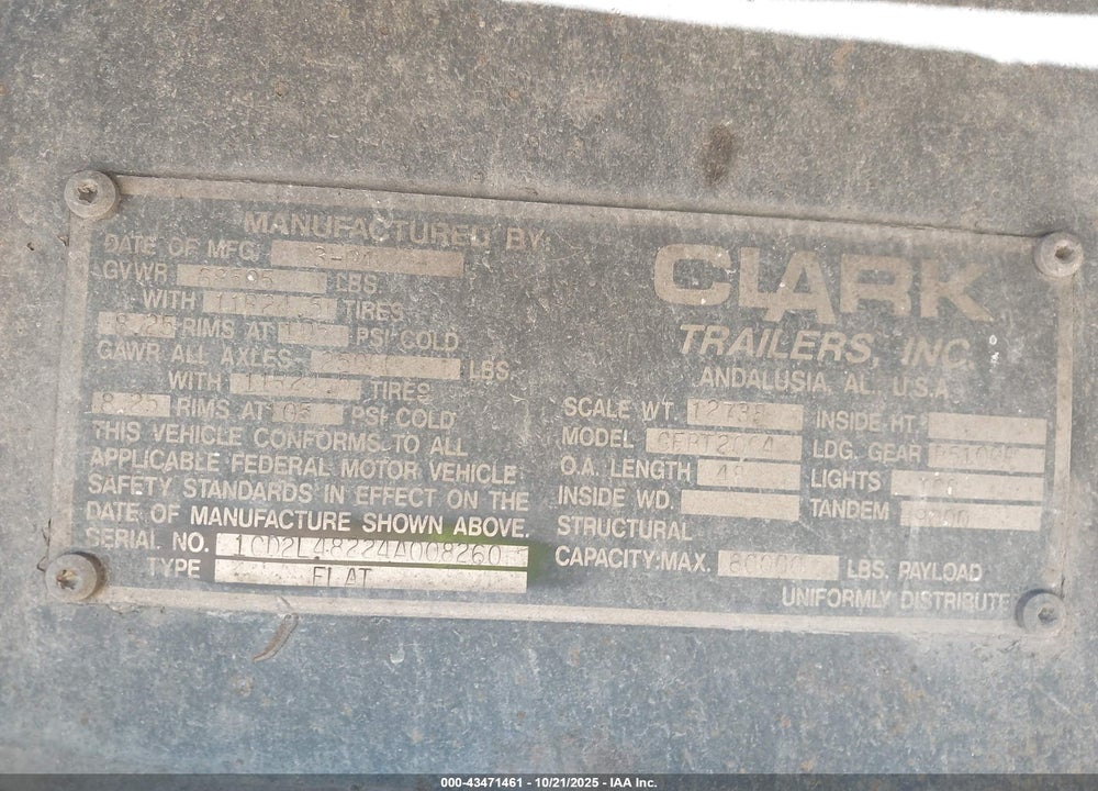 2004 CLARK TRAILER SERVICE FLATBED TRAILER VIN: 1CD2L48224A008260