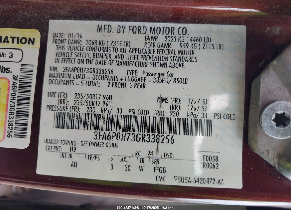 2016 FORD FUSION SE VIN: 3FA6P0H73GR338256