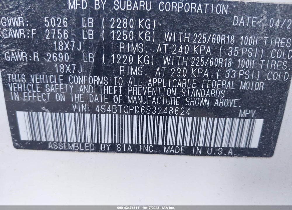 2025 SUBARU OUTBACK VIN: 4S4BTGPD6S3248624
