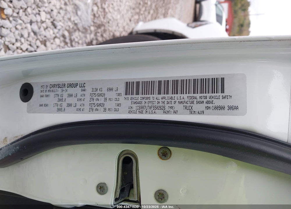 2015 RAM 1500 SPORT VIN: 1C6RR7UTXFS502626