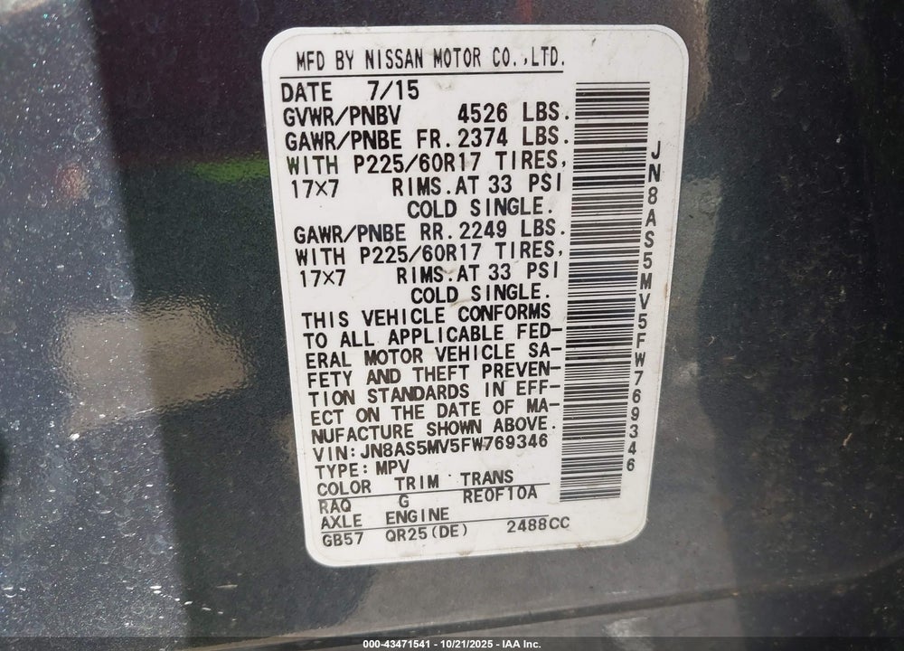 2015 NISSAN ROGUE SELECT VIN: JN8AS5MV5FW769346