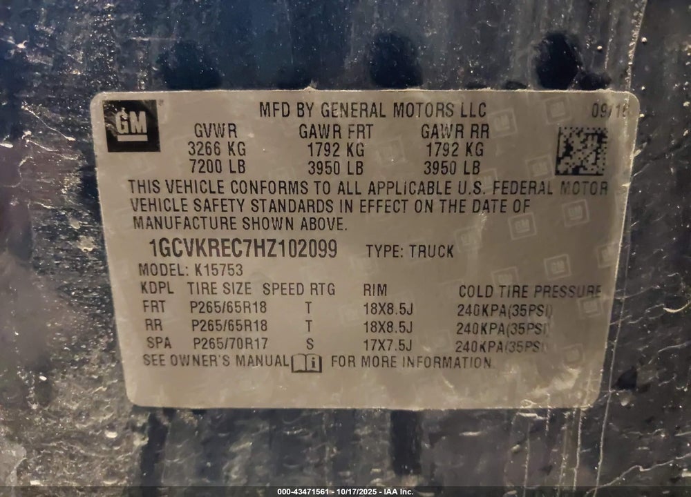 2017 CHEVROLET SILVERADO 1500 2LT VIN: 1GCVKREC7HZ102099