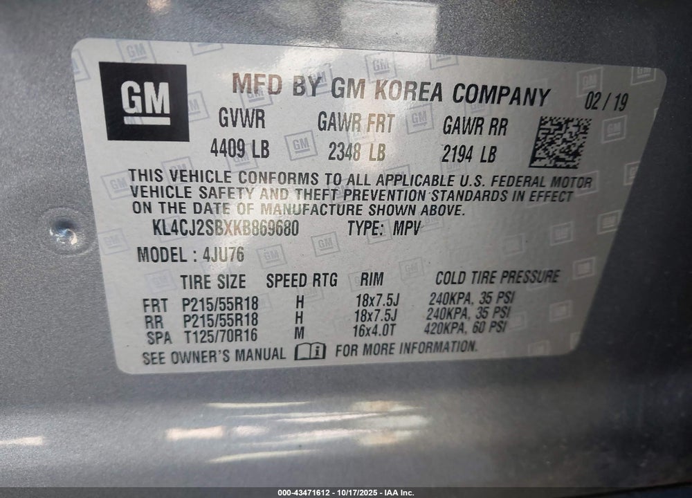 2019 BUICK ENCORE AWD SPORT TOURING VIN: KL4CJ2SBXKB869680