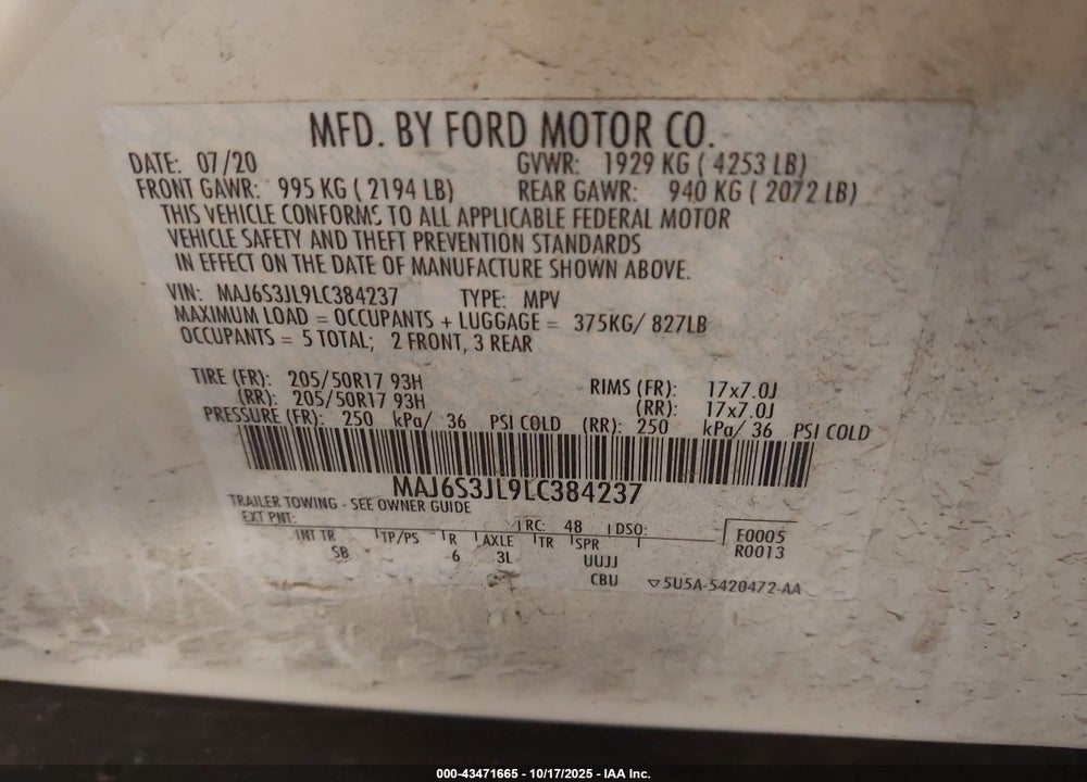 2020 FORD ECOSPORT VIN: MAJ6S3JL9LC384237