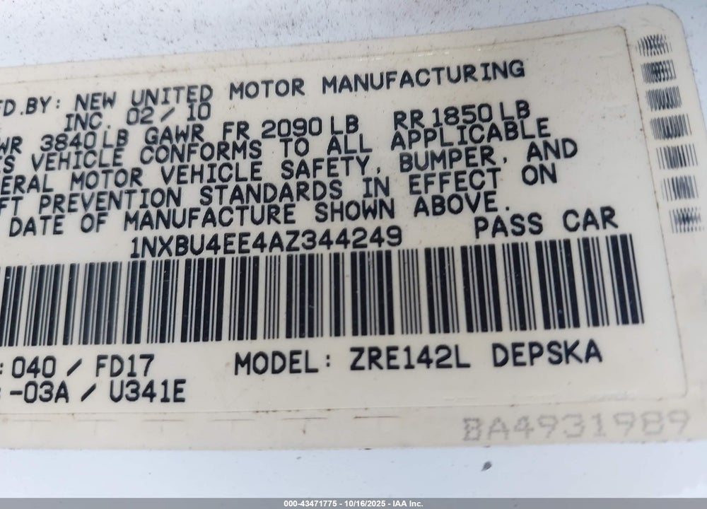 2010 TOYOTA COROLLA S VIN: 1NXBU4EE4AZ344249