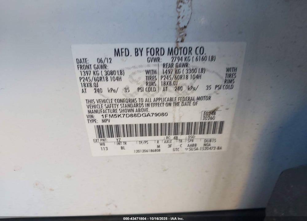 2013 FORD EXPLORER XLT VIN: 1FM5K7D88DGA79080
