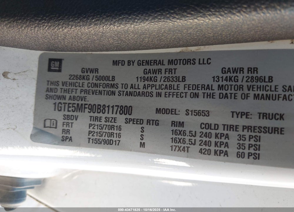 2011 GMC CANYON SLE1 VIN: 1GTE5MF90B8117800