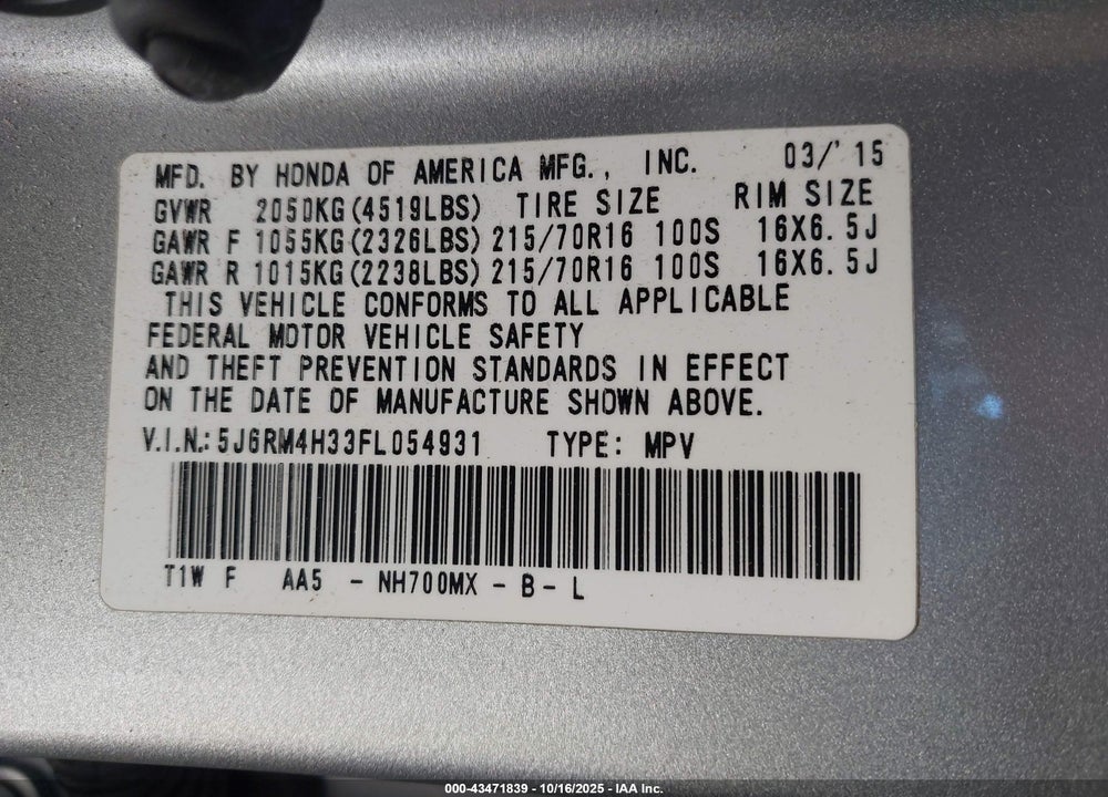 2015 HONDA CR-V LX VIN: 5J6RM4H33FL054931