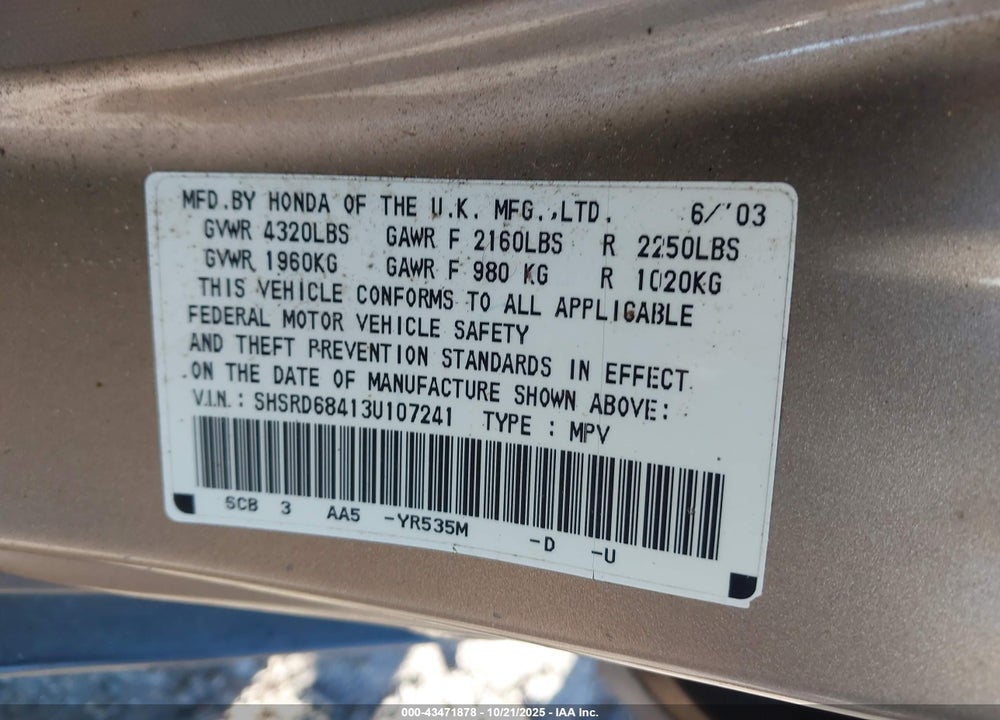 2003 HONDA CR-V LX VIN: SHSRD68413U107241