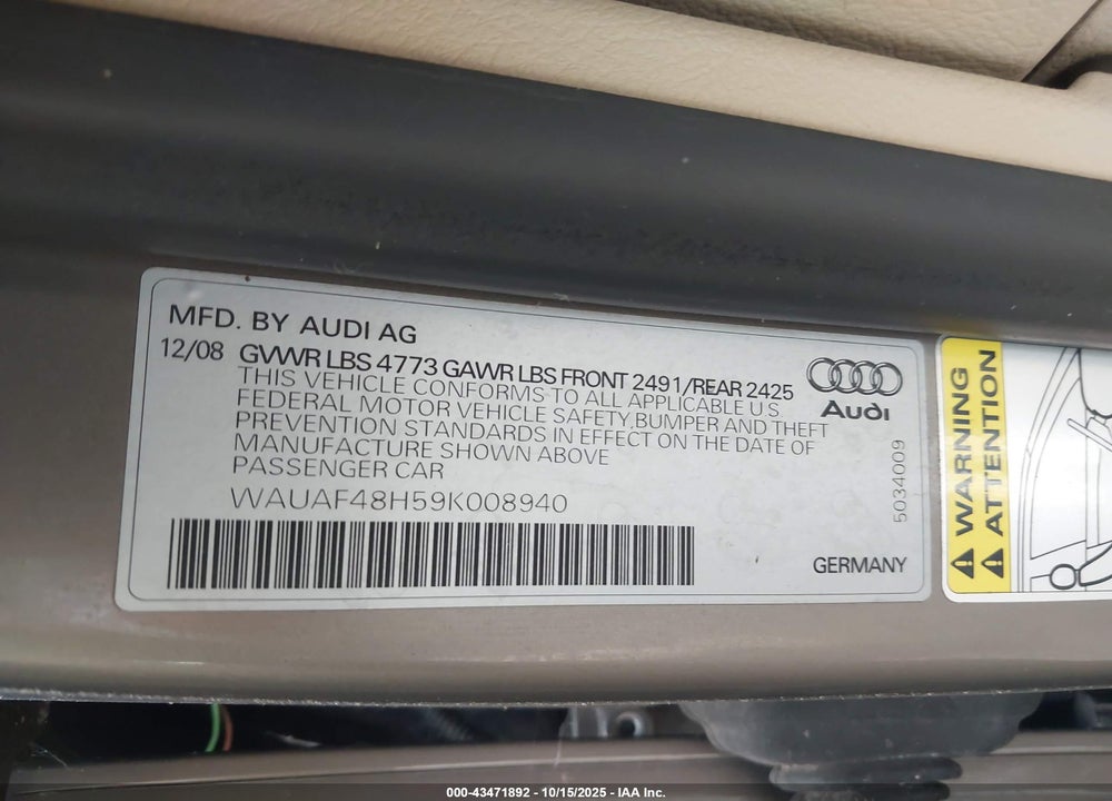 2009 AUDI A4 VIN: WAUAF48H59K008940