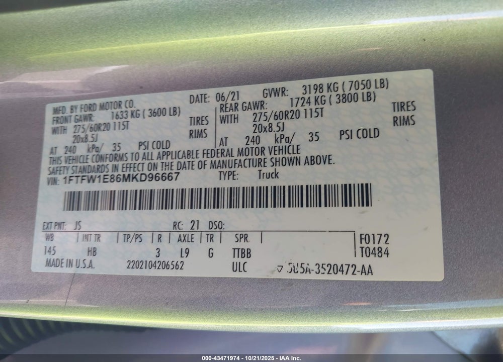 2021 FORD F-150 LARIAT VIN: 1FTFW1E86MKD96667