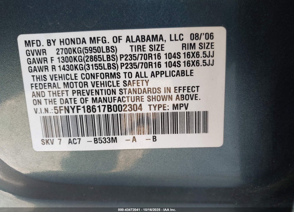 2007 HONDA PILOT VIN: 5FNYF18617B002304