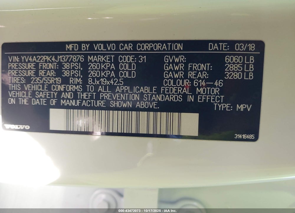 2018 VOLVO XC90 VIN: YV4A22PK4J1377876
