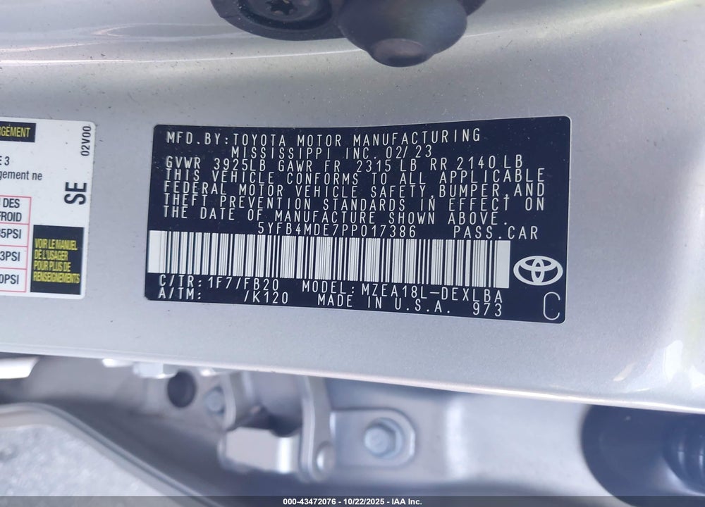 2023 TOYOTA COROLLA VIN: 5YFB4MDE7PP017386