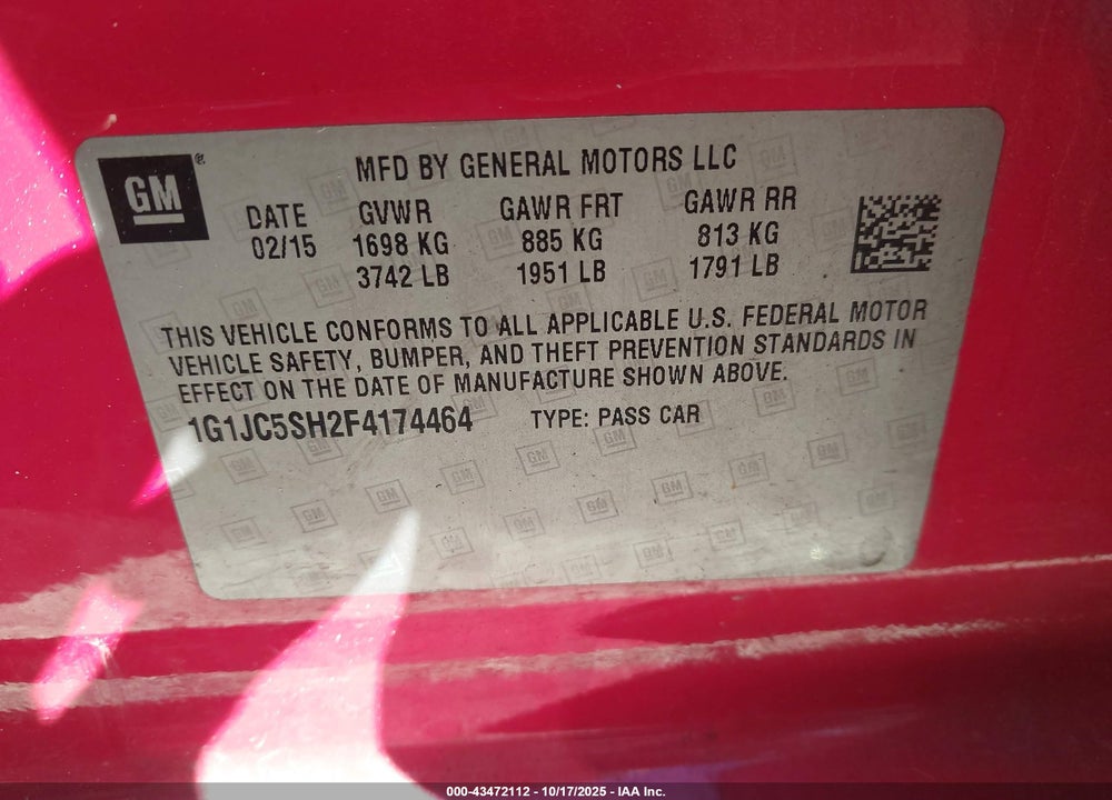2015 CHEVROLET SONIC LT AUTO VIN: 1G1JC5SH2F4174464