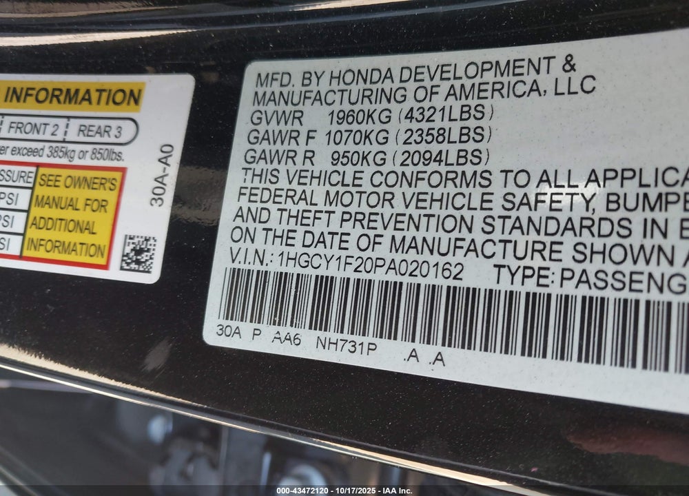 2023 HONDA ACCORD LX VIN: 1HGCY1F20PA020162