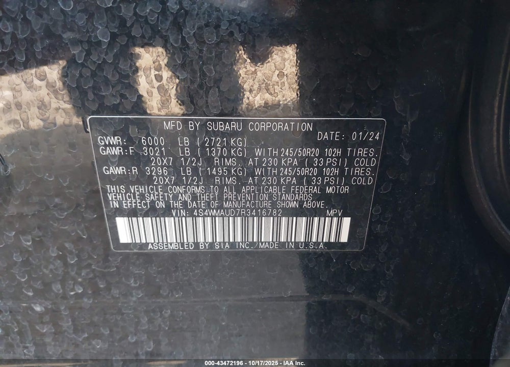 2024 SUBARU ASCENT VIN: 4S4WMAUD7R3416782
