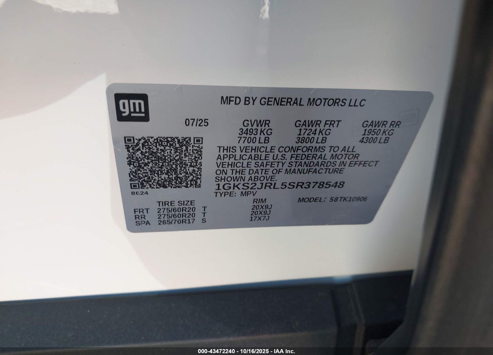 2025 GMC YUKON XL 4WD DENALI VIN: 1GKS2JRL5SR378548