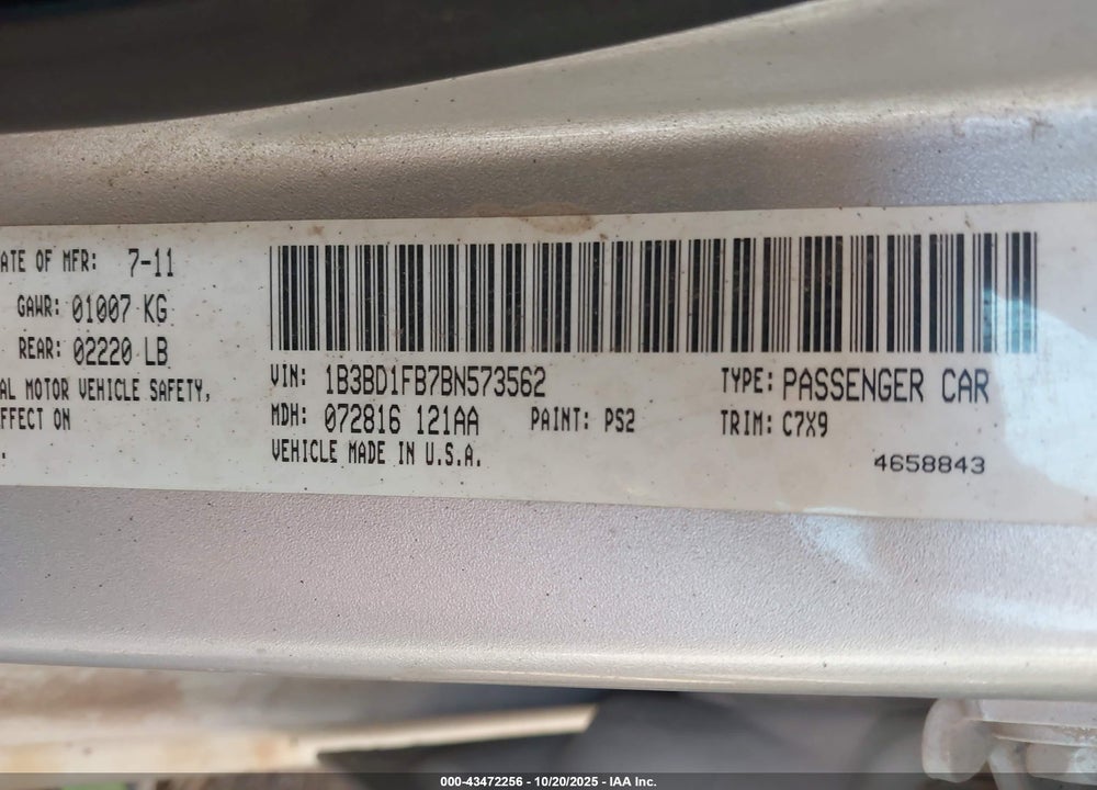 2011 DODGE AVENGER MAINSTREET VIN: 1B3BD1FB7BN573562