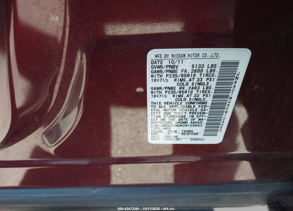 2012 NISSAN MURANO S VIN: JN8AZ1MU6CW104883