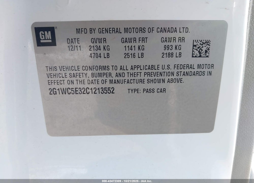 2012 CHEVROLET IMPALA LTZ VIN: 2G1WC5E32C1213552