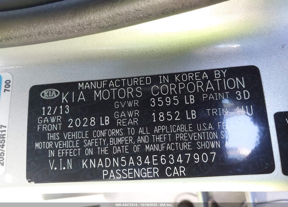 2014 KIA RIO VIN: KNADN5A34E6347907