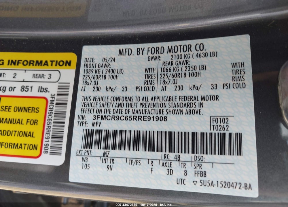 2024 FORD BRONCO SPORT OUTER BANKS VIN: 3FMCR9C65RRE91908