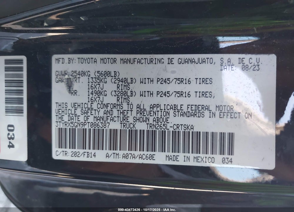 2023 TOYOTA TACOMA SR VIN: 3TYRX5GN9PT086387