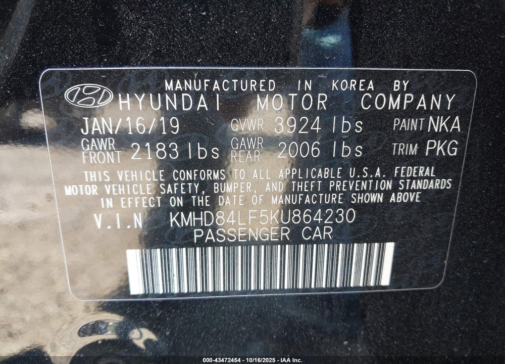 2019 HYUNDAI ELANTRA VIN: KMHD84LF5KU864230