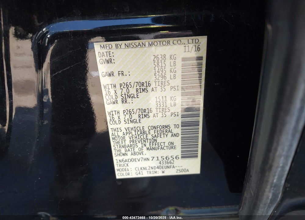 2017 NISSAN FRONTIER VIN: 1N6AD0EV7HN715656