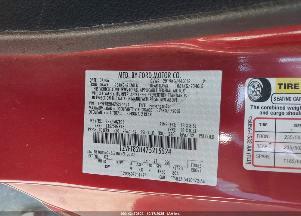 2007 FORD MUSTANG VIN: 1ZVFT82H475215524