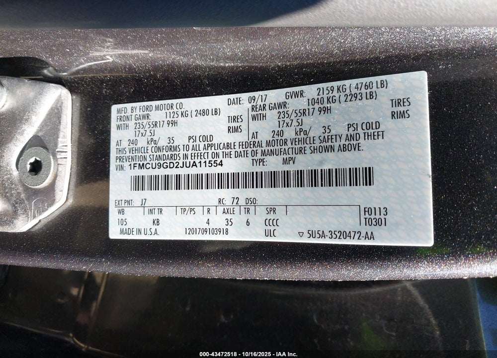 2018 FORD ESCAPE SE VIN: 1FMCU9GD2JUA11554