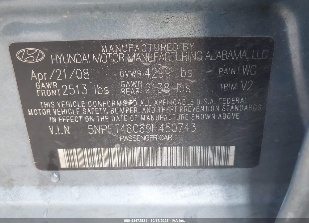 2009 HYUNDAI SONATA GLS VIN: 5NPET46C69H450743
