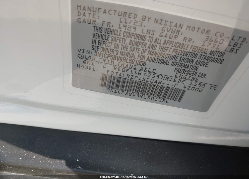 2024 NISSAN KICKS S XTRONIC CVT VIN: 3N1CP5BV9RL501356