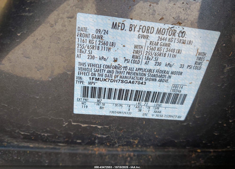 2025 FORD EXPLORER VIN: 1FMUK7DH7SGA67043