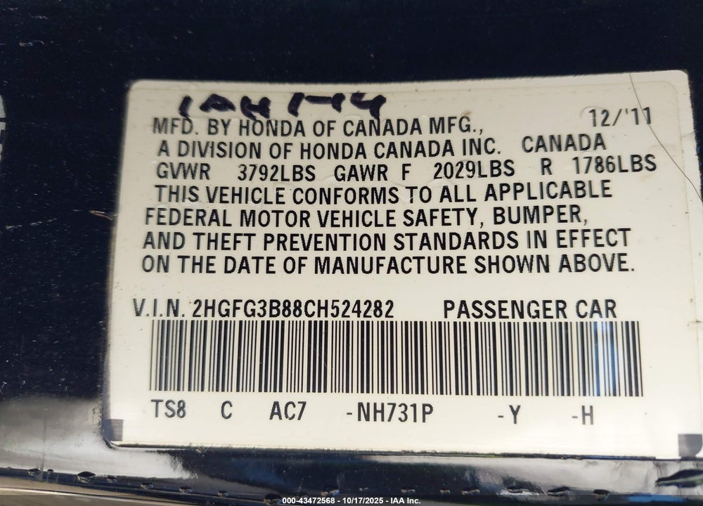 2012 HONDA CIVIC VIN: 2HGFG3B88CH524282