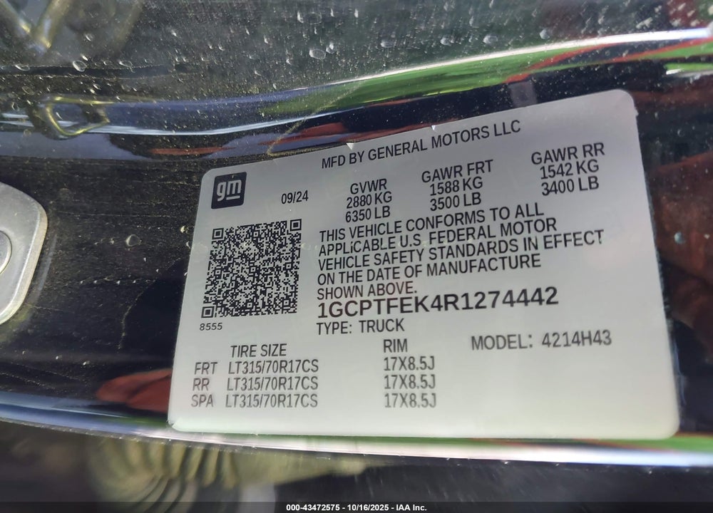2024 CHEVROLET COLORADO 4WD ZR2 VIN: 1GCPTFEK4R1274442