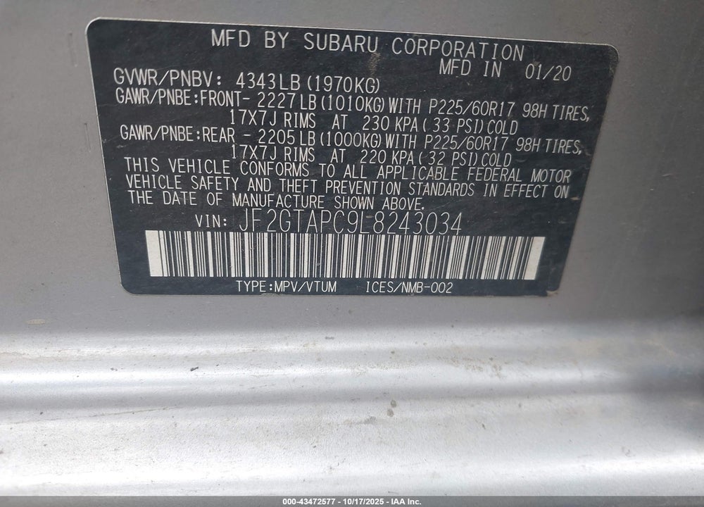 2020 SUBARU CROSSTREK PREMIUM VIN: JF2GTAPC9L8243034